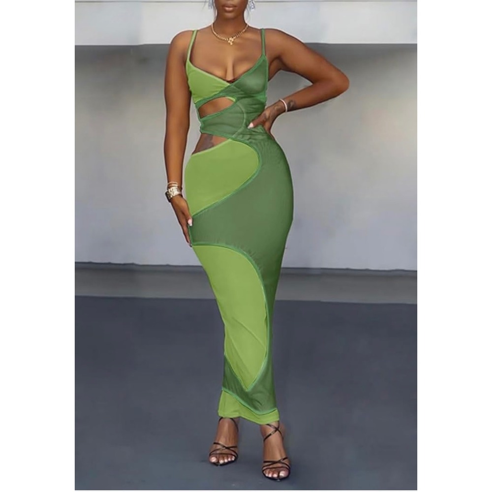Green Cutout Bodycon Maxi Dress - Sleeveless, Party, Cocktail,cover up size L